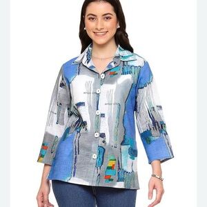 Parsley & Sage Blue & Sage Graphic Button Down Shirt with pockets size L